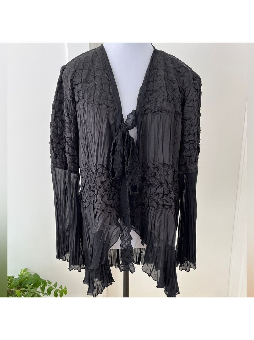 JOSEPH RIBKOFF Sheer Bell Sleeve Tie Front Black Jacket Crinkle High Low Ruffle